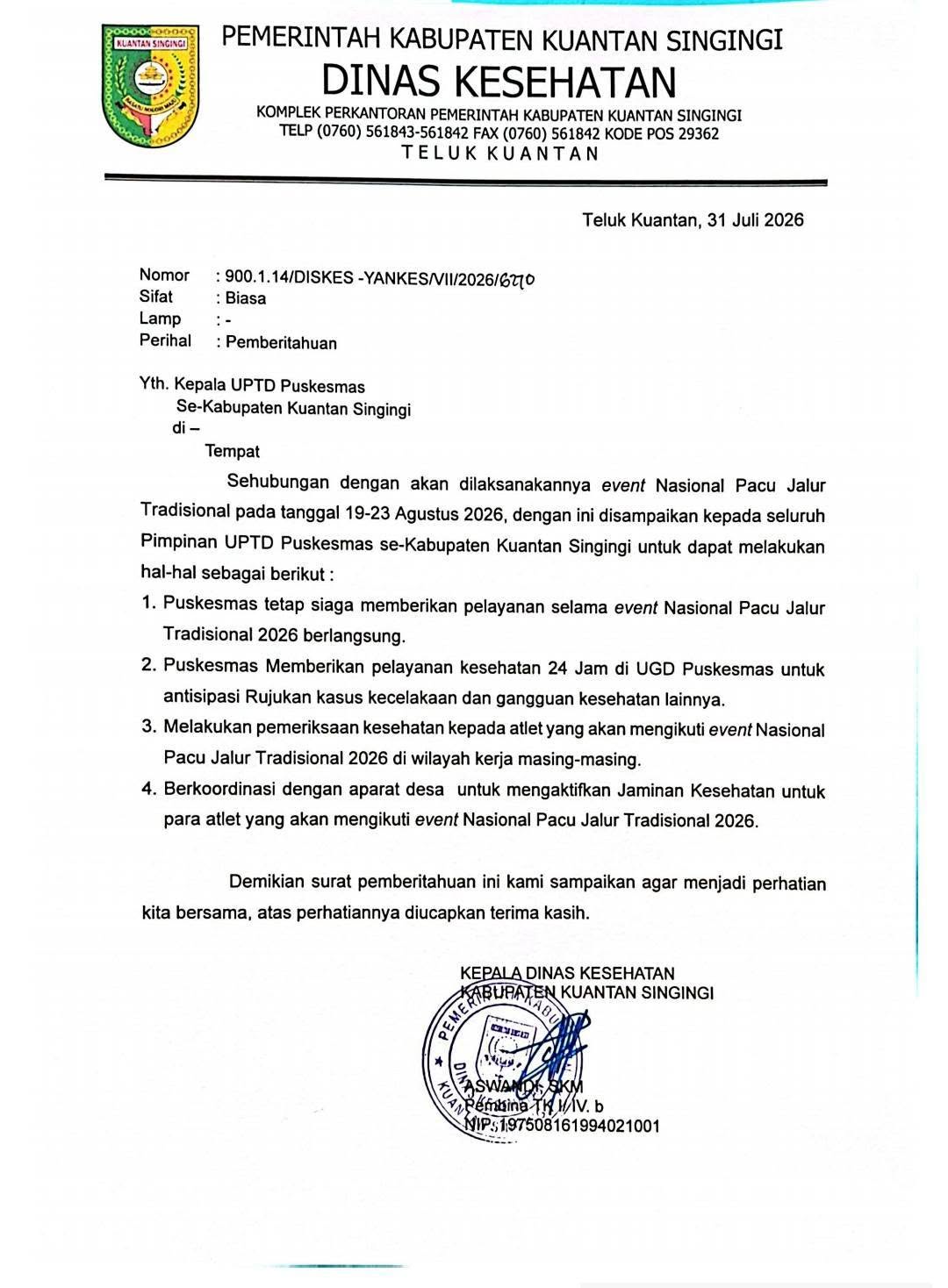 Informasi dari Dinas Kesehatan terkait Anak Pacuan/Atlit